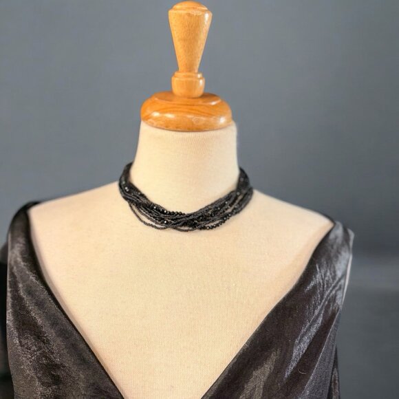 Faceted Black Glass Bead Multi-Strand Necklace with Rhinestone Magnetic Clasp - Picture 1 of 4